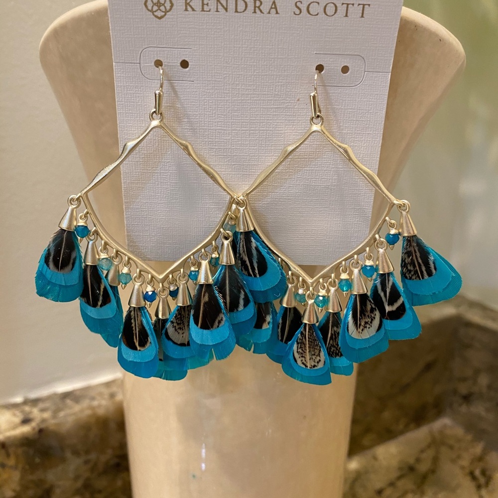 Kendra Scott Raven Gold Teal Feather Earrings